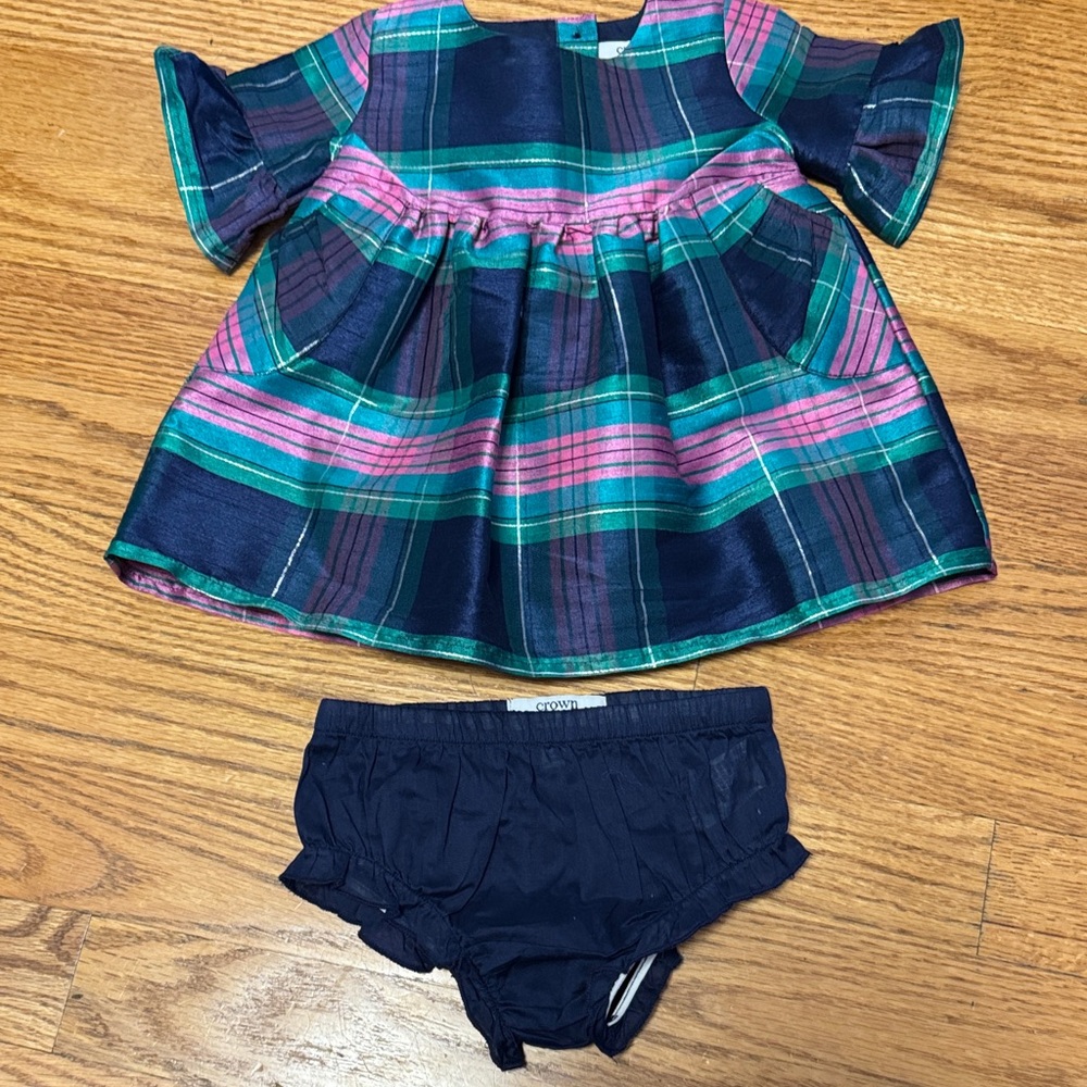 crown & ivy Pink and Green Plaid Toddler Dress with Navy Lining